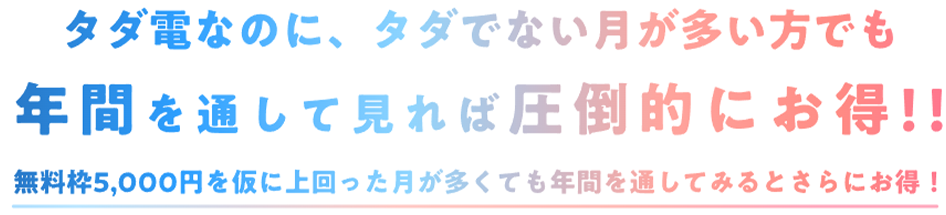 タダ電なのに、タダでない月が多い方でも年間を通して見れば圧倒的にお得！！無料枠5,000円を仮に上回った月が多くても年間を通してみるとさらにお得！