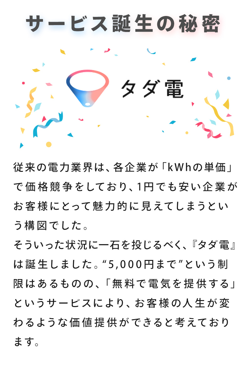 タダ電の秘密。サービス誕生の秘密。従来の電力業界は、各企業が「kWhの単価」で価格競争をしており、１円でも安い企業がお客様にとって魅力的に見えてしまうという構図でした。そういった状況に一石を投じるべく、「タダ電」は誕生しました。”5,000円まで”という制限はあるものの「無料で電気を提供する」というサービスにより、お客様の人生が変わるような価値を提供できると考えております。