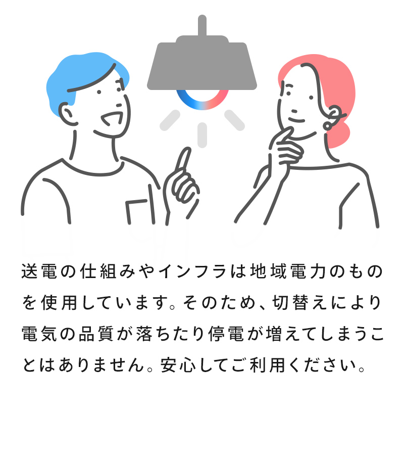 送電の仕組みやインフラは地域電力のものを使用しています。そのため、切替えにより電気の品質が落ちたり停電が増えてしまうことはありません。安心してご利用ください。